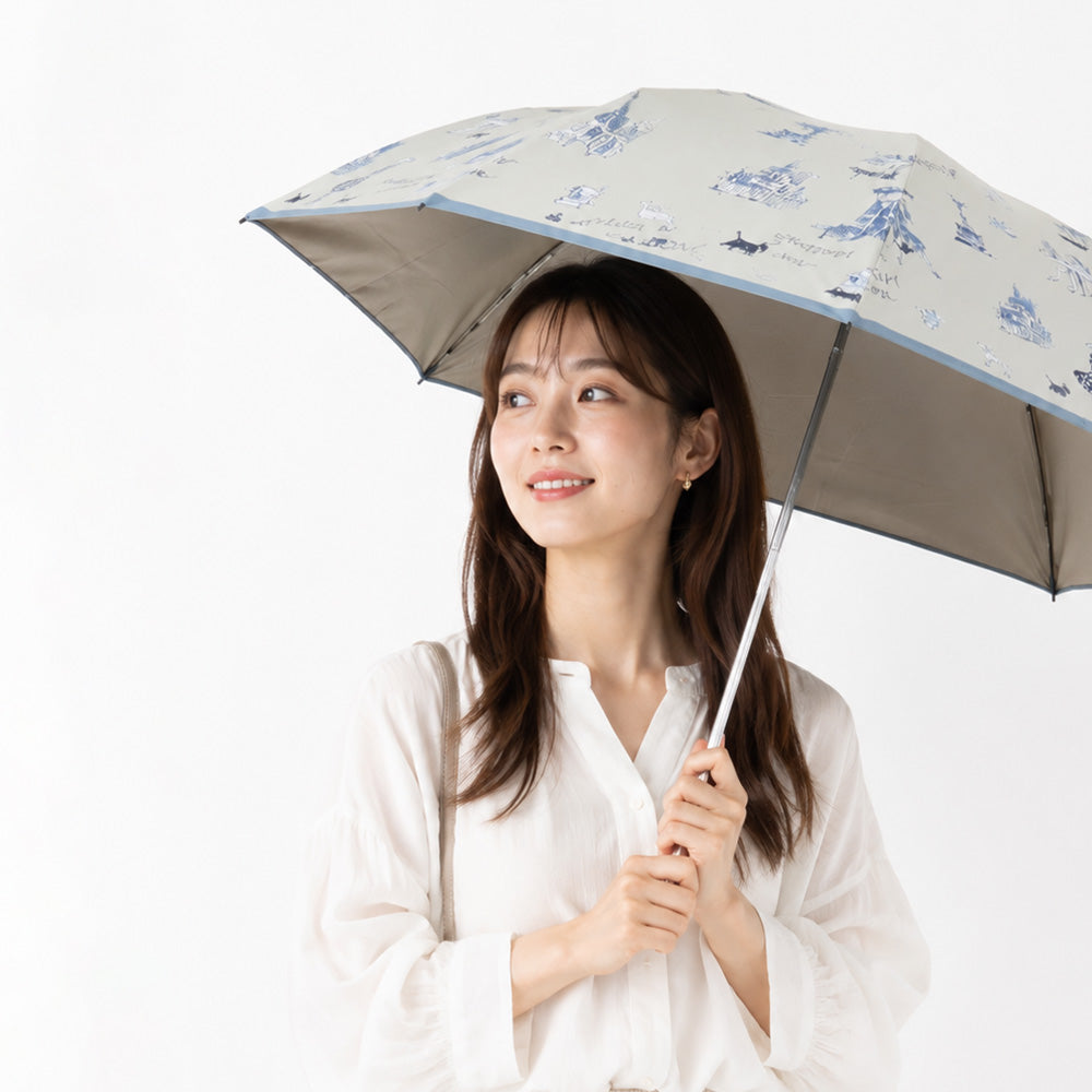 日傘 オフホワイト 50cm 1AQ27776-76-91 / 手開き式 折りたたみ傘 晴雨兼用 ロンドン・イラストシリーズ
