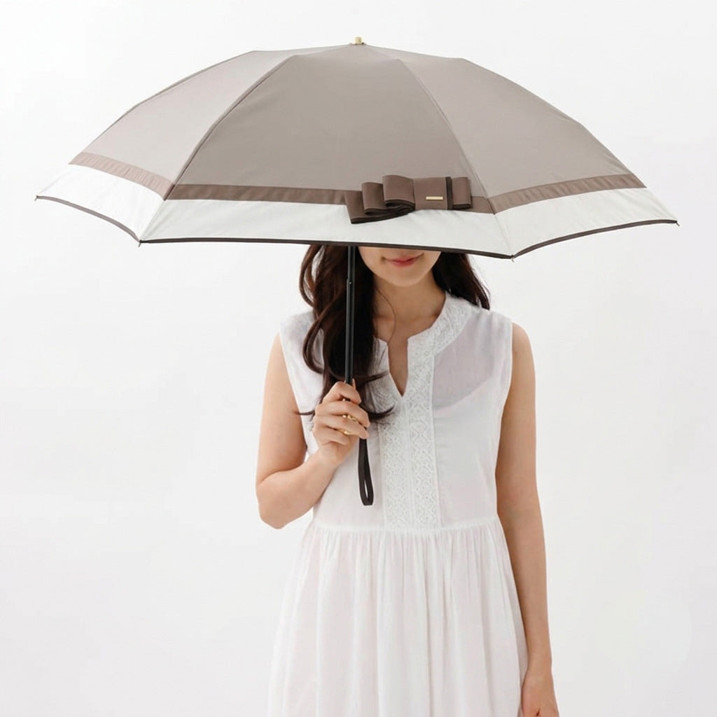 日傘 ベージュ 50cm 1BH27757-57-83 / 東レ サマーシールド 手開き式 折りたたみ傘 晴雨兼用 リボン切り継ぎ加工