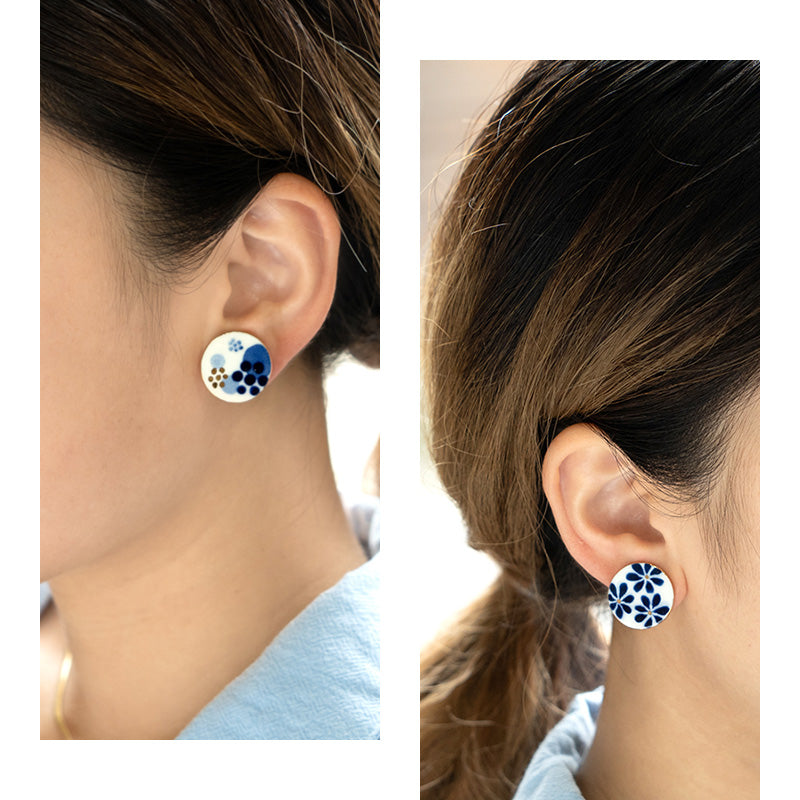 ピアス 羊歯 / 手描きの丸いタイル