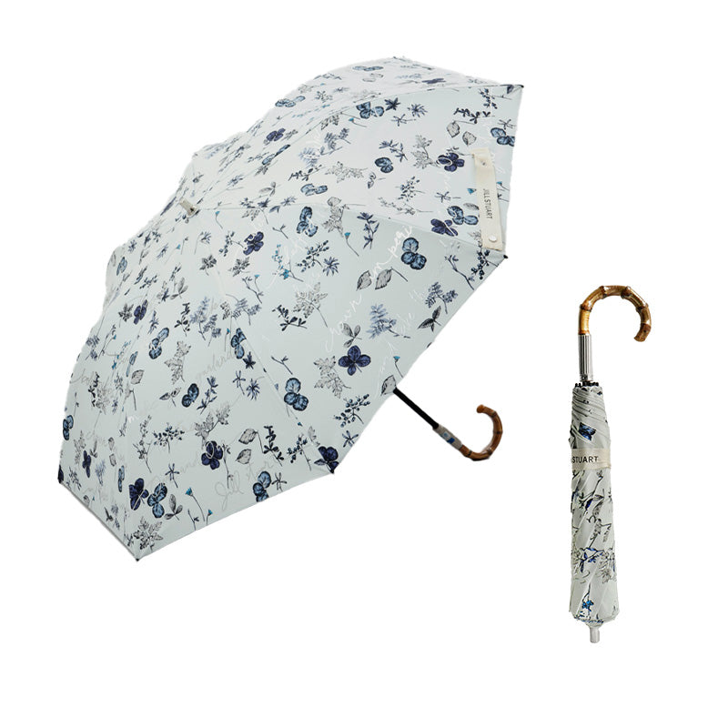 日傘 ブルー 50cm 1JI27715-15-35  / 手開き式 折りたたみ傘 晴雨兼用 ボタニカル箔押し