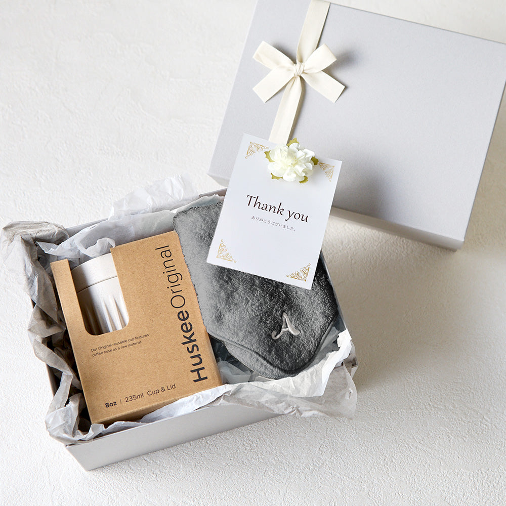 タンブラー HuskeeOriginal 235ml + タオルハンカチ クラシックグレー / Premium Gift Set