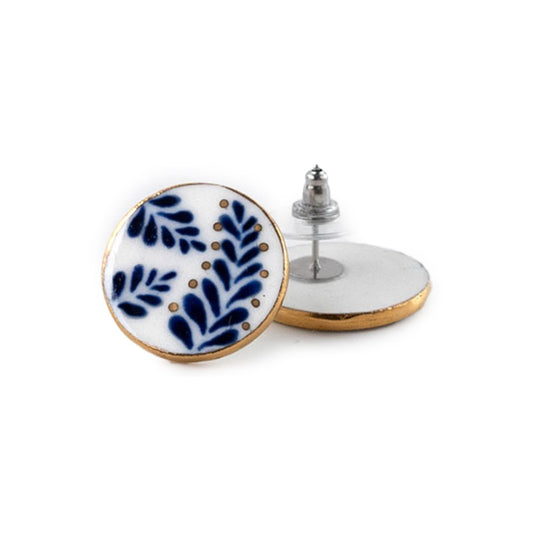 ピアス 羊歯 / 手描きの丸いタイル