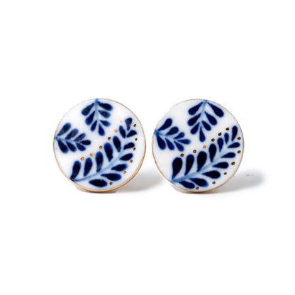 ピアス 羊歯 / 手描きの丸いタイル