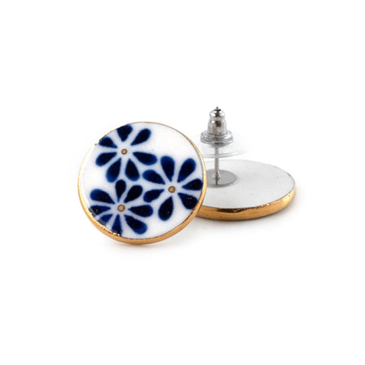 ピアス 藍花 / 手描きの丸いタイル