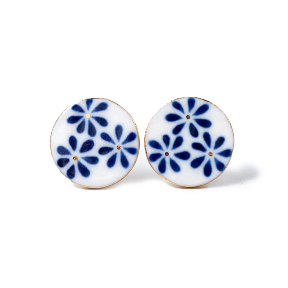 ピアス 藍花 / 手描きの丸いタイル