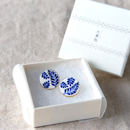 ピアス 織柄 / 手描きの丸いタイル